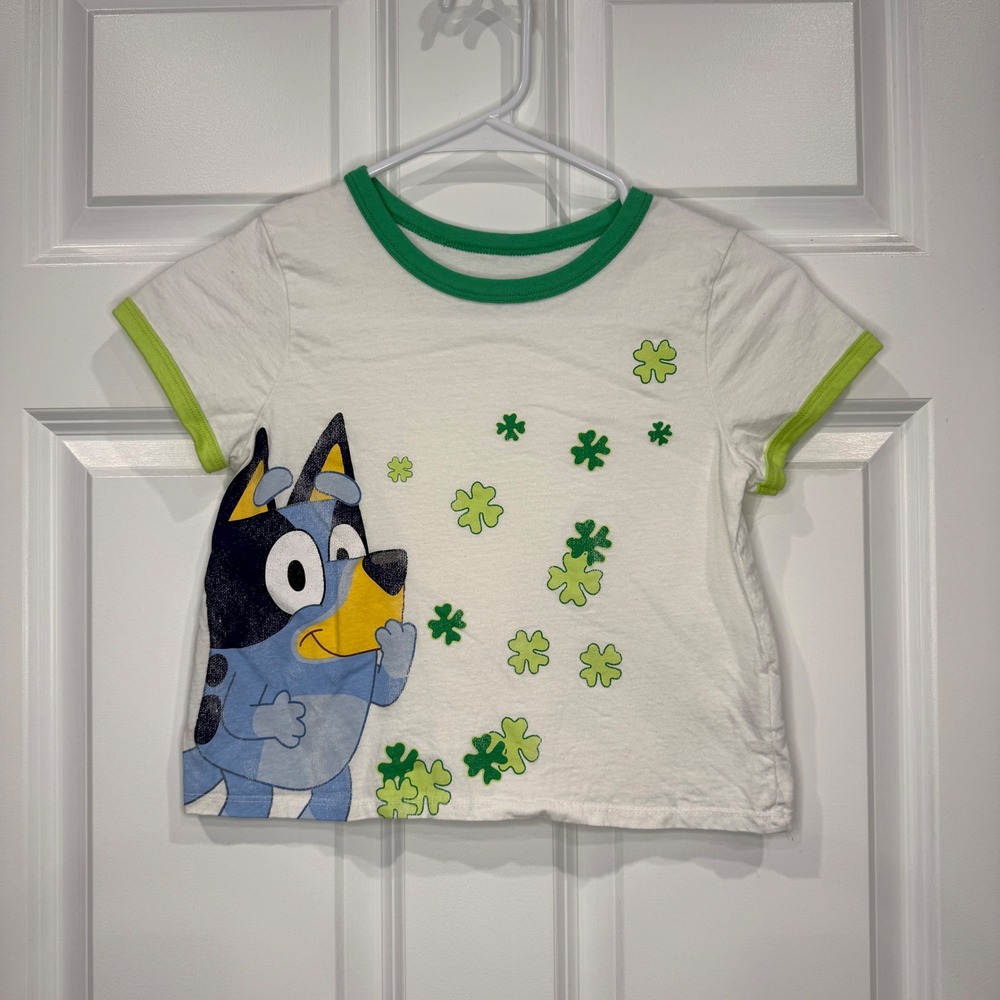 Kids Bluey T Shirt White Green Shamrock Graphic Tee Size L